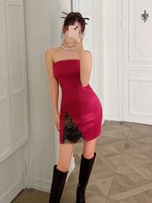 EastFlair Contrast Lace Tube Bodycon Dress - Hot Pink - View 4