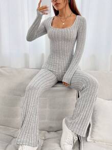 SHEIN PETITE Square Neck Ribbed Knit Flare Leg Jumpsuit - Grey - View 6