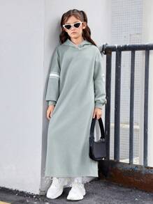 SHEIN Tween Girl Contrast Panel Drop Shoulder Hooded Sweatshirt Dress - Green - View 5