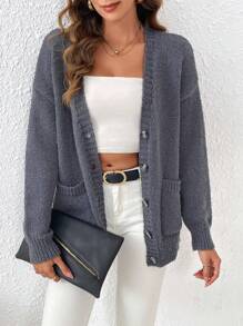 SHEIN Frenchy 落肩袖口袋貼布開襟衫 - 灰色 - 查看 1