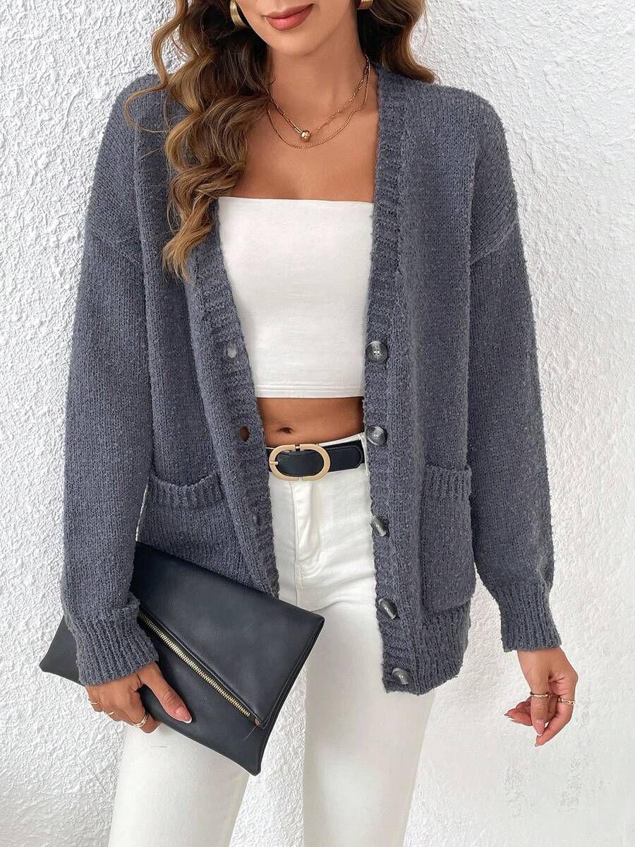 SHEIN Frenchy 落肩袖口袋貼布開襟衫 - 灰色 - 查看 1