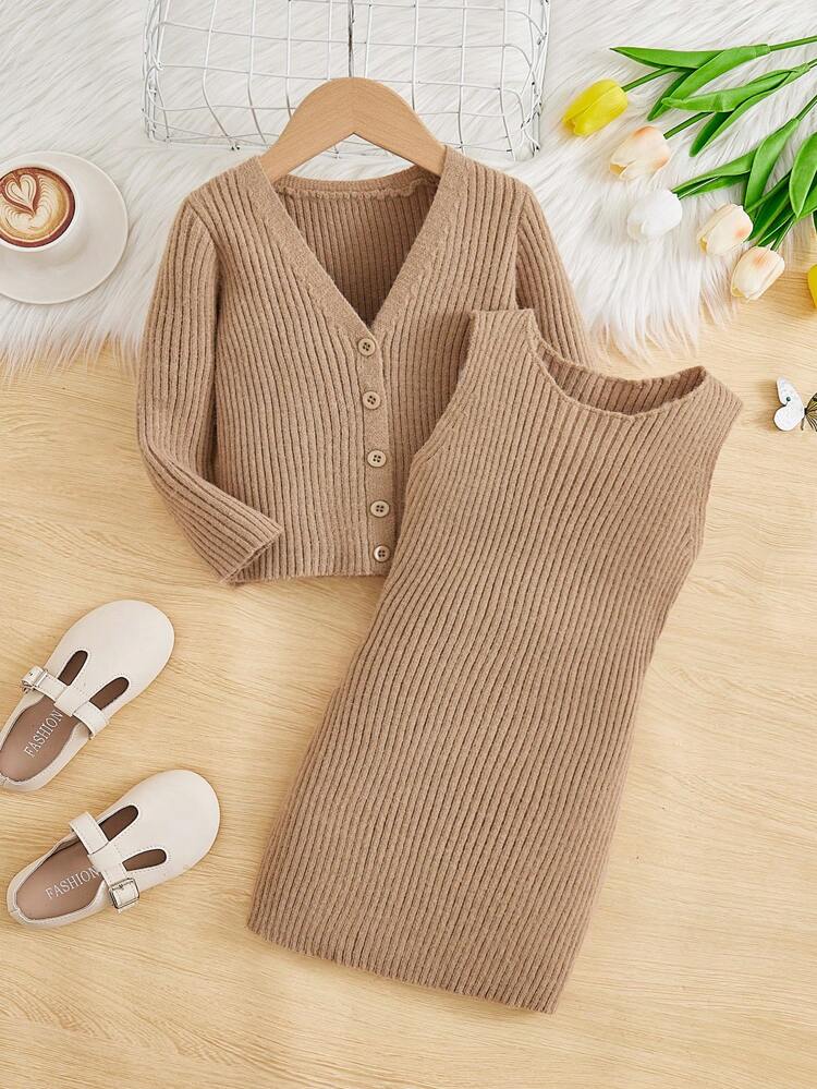 Young Girl Ribbed Knit Cardigan & Sweater Dress