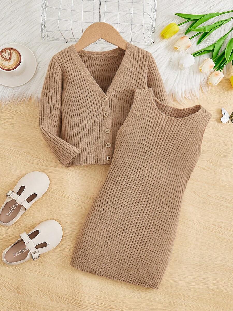 SHEIN Young Girl Ribbed Knit Cardigan & Sweater Dress - Khaki - View 1