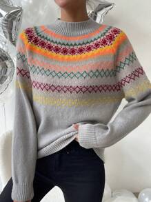 Chiquease Áo len chui đầu tay raglan cổ cao họa tiết hình học, thích hợp cho mùa thu đông. - Nhiều màu - Xem 5