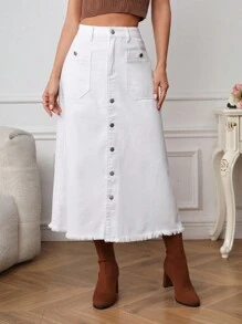SHEIN Privé High Waist Button Front Raw Hem Denim Skirt - White - View 3