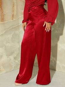 SHEIN SXY Fall Women's Sexy Satin Leopard Print Straight-Legged Fashionable Skinny Pants - Red - View 4