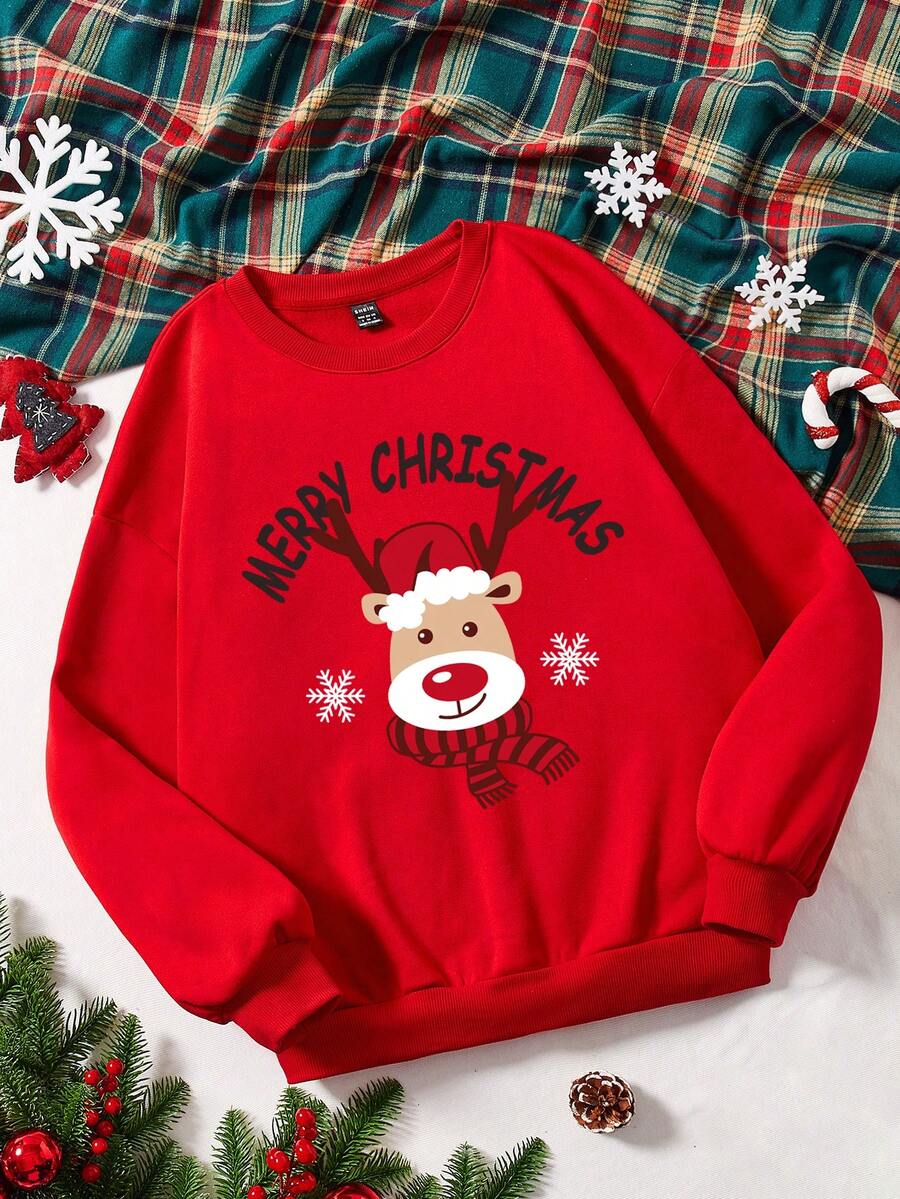 SHEIN Qutie Plus Christmas Print Drop Shoulder Sweatshirt - Red - View 1