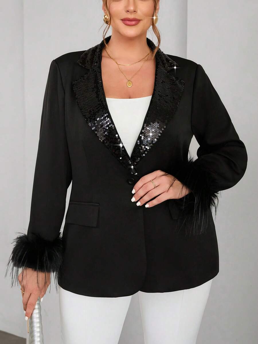 SHEIN Privé Plus Fuzzy Cuff Sequin Lapel Collar Blazer - Black - View 1