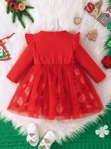 Bebé niña Vestido de malla con estampado de Navidad ribete con fruncido - Rojo - Ver 2