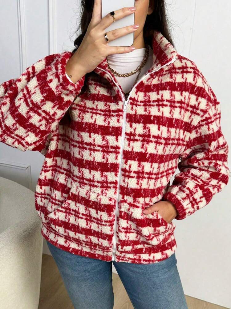 Plus Plaid Print Drop Shoulder Teddy Jacket Fall Cloth For Women