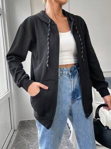 EURMUSE Zip Up Drop Shoulder Drawstring Hoodie - Black - View 5