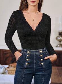 SHEIN Frenchy Women'S Texture Lace Splice Bodysuit - Black - View 3