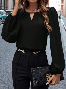 Editum Áo cánh tay đèn lồng cổ khoét lỗ màu trơn thanh lịch dành cho nữ - màu đen - Xem 6