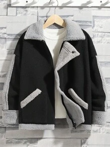 SHEIN 少年男童1件對比色飾邊泰迪貼里拉鍊連帽毛絨絨抓毛外套 - 黑色 - 查看 1