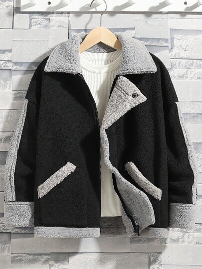 SHEIN Tween Boy 1 Pieza Abrigo Polar Con Cremallera Y Forro De Peluche Con Ribete En Contraste