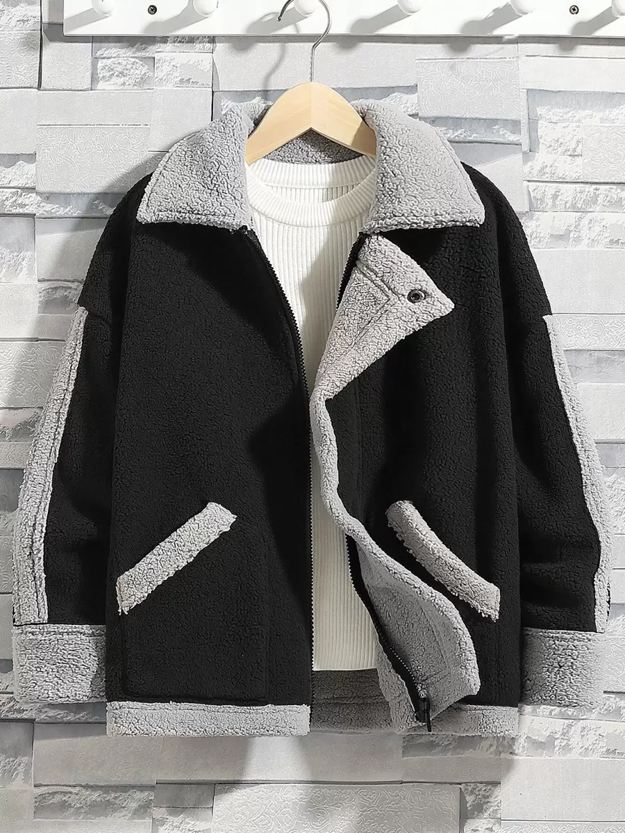 SHEIN 少年男童1件對比色飾邊泰迪貼里拉鍊連帽毛絨絨抓毛外套 - 黑色 - 查看 1