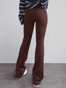 EURMUSE High Waisted Flare Leg Trousers - Chocolate Brown - View 2