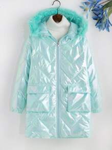 SHEIN Tween Girls' Colorful Trimmed Hooded Cool & Sweet -padded Coat For Autumn And Winter - Green - View 3