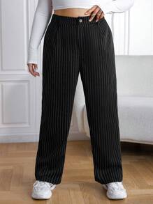 SHEIN EZwear 大尺碼女裝直條紋直筒西裝褲 - 黑色 - 查看 1