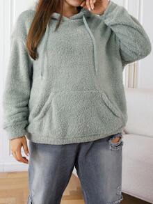 SHEIN EZwear Plus Kangaroo Pocket Drop Shoulder Drawstring Flannelette Hoodie - Green - View 4