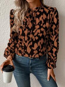 SHEIN Frenchy In Toàn bộ Cà vạt Tay áo lồng đèn Áo sơ mi - Cà phê nâu - Xem 1