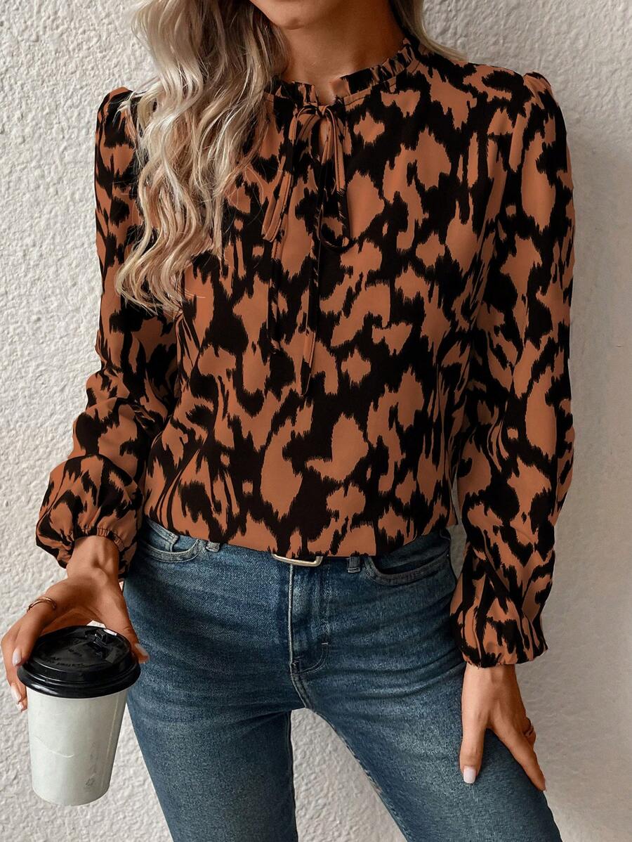 SHEIN Frenchy In Toàn bộ Cà vạt Tay áo lồng đèn Áo sơ mi - Cà phê nâu - Xem 1