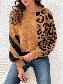 SHEIN Frenchy Leopard Pattern Drop Shoulder Sweater - Brown - View 3