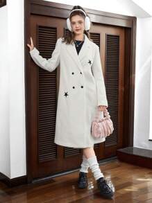 SHEIN EZwear 女士們雙排扣毛織品外套帶星星圖案