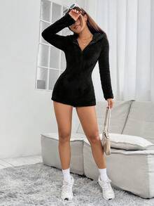 SHEIN PETITE Zip Up Hooded Teddy Romper - Black - View 5