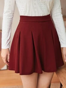 SHEIN Frenchy High Waist Fold Pleated Skirt - Burgundy - View 4