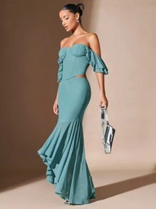 SHEIN BAE Blusa Con Volantes Y Sin Hombros Para Mujer - Verde - Ver 4