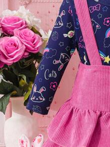 嬰兒女寶寶可愛的彩虹和雲朵印花上衣和灯芯絨兩層連身裙,適用於秋冬 - 彩色 - 查看 4