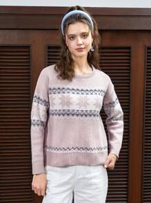 SHEIN EZwear Mẫu Geo Thả vai Áo len - Hồng - Xem 3