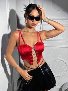 SHEIN ICON 鏈帶吊帶背心上衣 - 紅色 - 查看 7