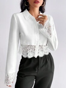 SHEIN Privé 蕾絲袖口下擺短款襯衫 - 白色 - 查看 5