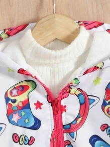 SHEIN Kleines Mädchen Jacke mit All Over Print Reißverschluss, Thermal Futter, Kapuze, ohne Pullover