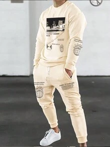 Manfinity Homme Men's Letter Bridge Pattern Sweatshirt And Sweatpants Set - Apricot - View 1