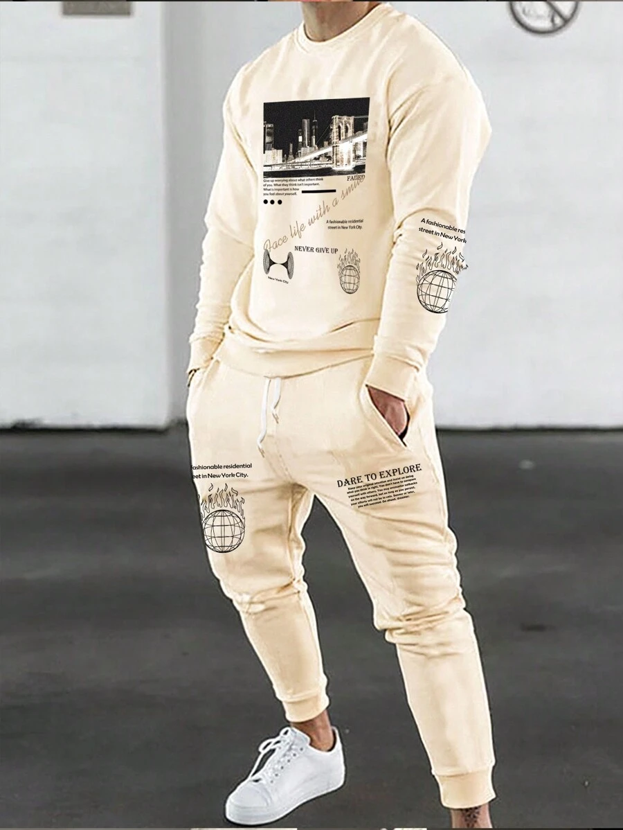Manfinity Homme Men's Letter Bridge Pattern Sweatshirt And Sweatpants Set - Apricot - View 1
