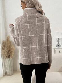 SHEIN LUNE Hoa văn kẻ sọc Áo cao cổ Tay Raglan Chi tiết Nút Áo len - Màu be - Xem 2