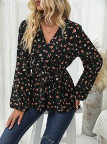 SHEIN Frenchy In hoa Ditsy Tay áo lồng đèn Thắt lưng Áo sơ mi - Nhiều màu - Xem 1