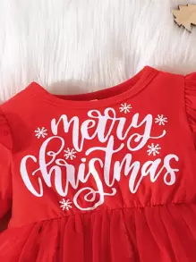 Bebé niña Vestido de malla con estampado de Navidad ribete con fruncido - Rojo - Ver 4