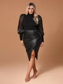 Shein Sxy大碼透明紗蓬袖拼接針織衫,新年婦女裝,聖誕裝和情人節裝 - 黑色 - 查看 8