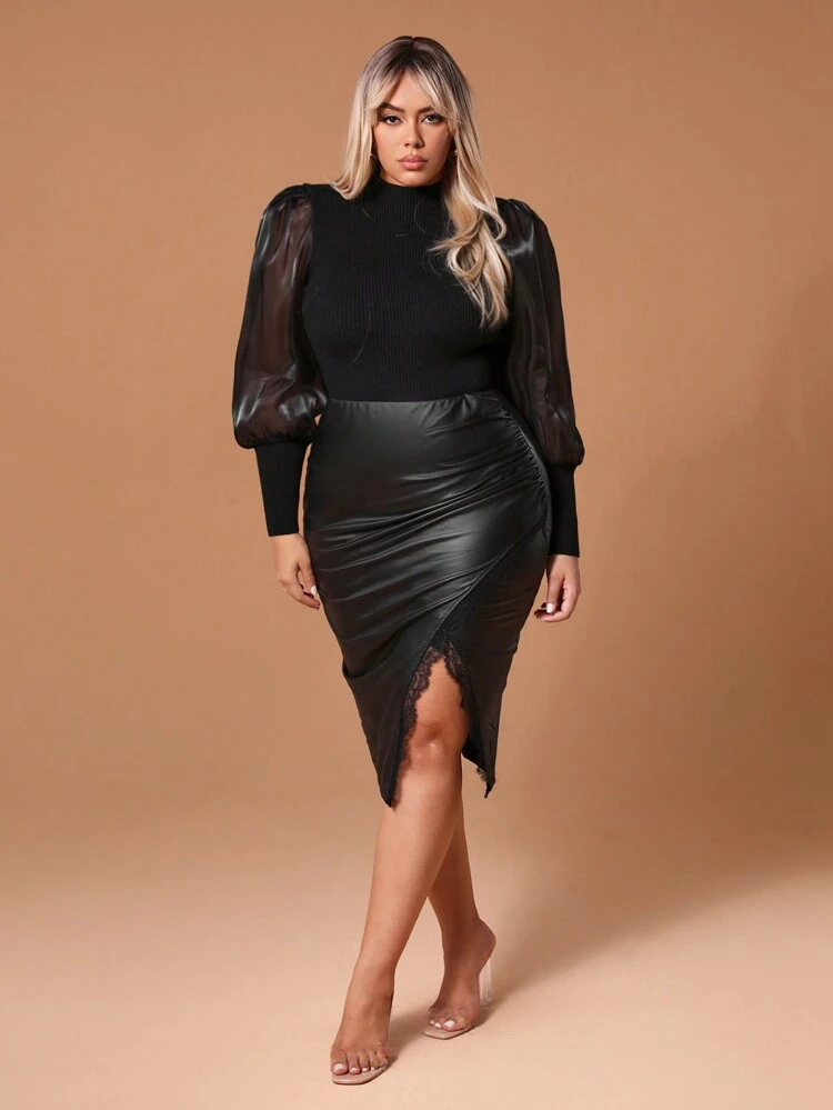 Plus Size Organza Gigot Sleeve Patchwork Sweater