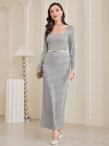 Modelyn Solid Square Neck Fitted Dress Without Belt - Grey - View 4