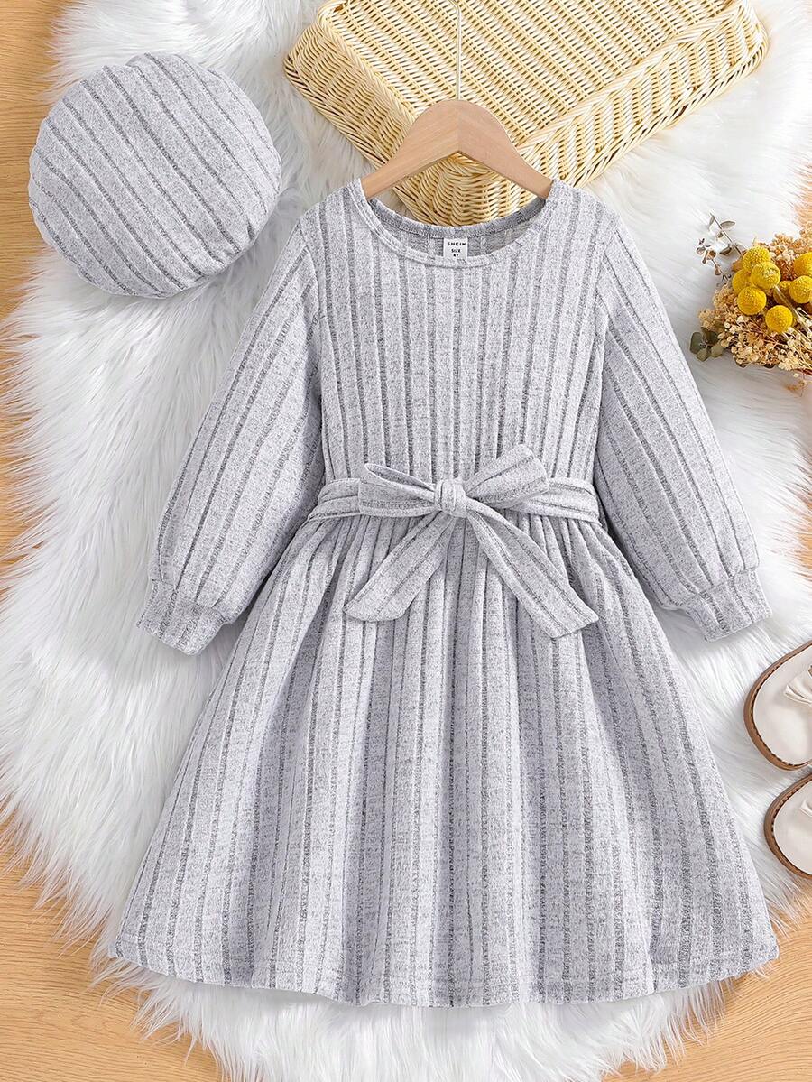 SHEIN 幼兒女童時尚休閒肋紋連衣裙附可愛帽子 - 灰色 - 查看 1