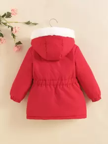 SHEIN 女小童拉鏈開襟毛絨襯裡連帽外套 - 紅色 - 查看 2