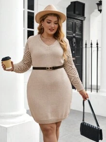 SHEIN Clasi Plus Pointelle Knit Belted Sweater Dress - Apricot - View 1