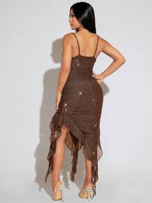 SHEIN SXY 女士實色珠片貼面背心裙 - 巧克力棕 - 查看 2