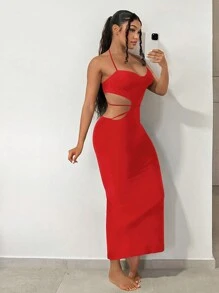 SHEIN SXY Cắt bỏ eo Halter Neck Không lưng Viền chia cắt Đầm - Đỏ - Xem 5