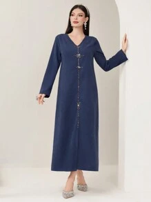 Al Najma Women's Colorful Rhinestone Embellished Straight-Cut Arabian Traditional Long Shirt Kaftan Jalabiya Dress - Navy Blue - View 1